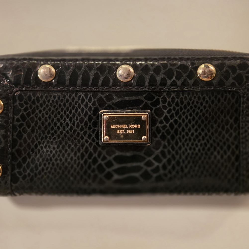 Michael Kors Black Textured Leather Clutch with Gold Stud Accents
